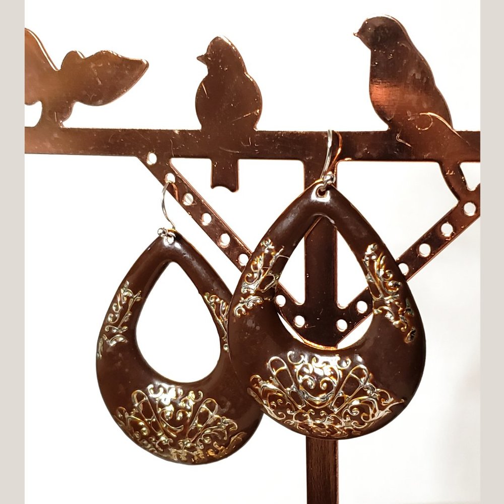 Brown Teardrop Earrings with Gold Swirl Accents - Picture 4 of 4